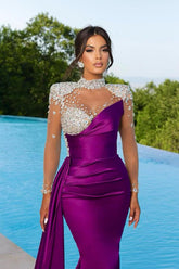 Purple Long Sleeves Evening Gown Mermaid Ruffle With Crystals